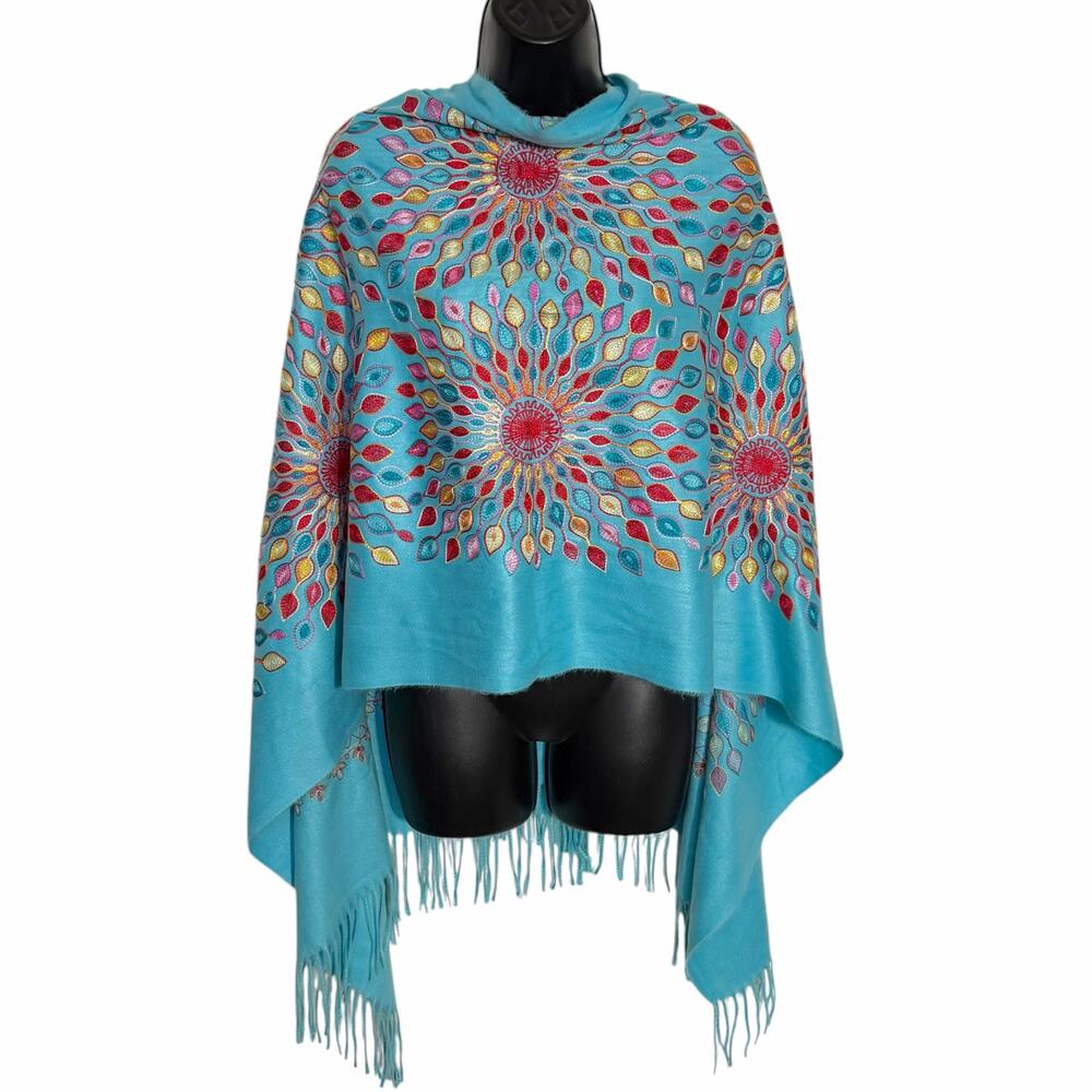 Boho Heavily Embroidered Blue Shawl Scarf Mandala Sunburst Fringe Wrap Cover